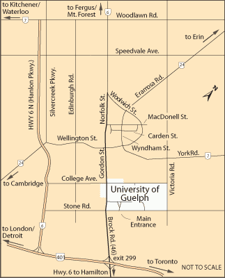 Map showing directions to the University of Guelph